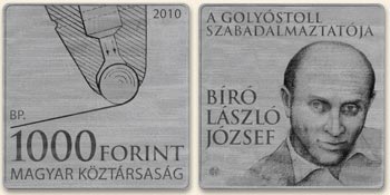 2010 BÍRÓ LÁSZLÓ JÓZSEF, A GOLYÓSTOLL FELTALÁLÓJA - SZINESFÉM ÉRME